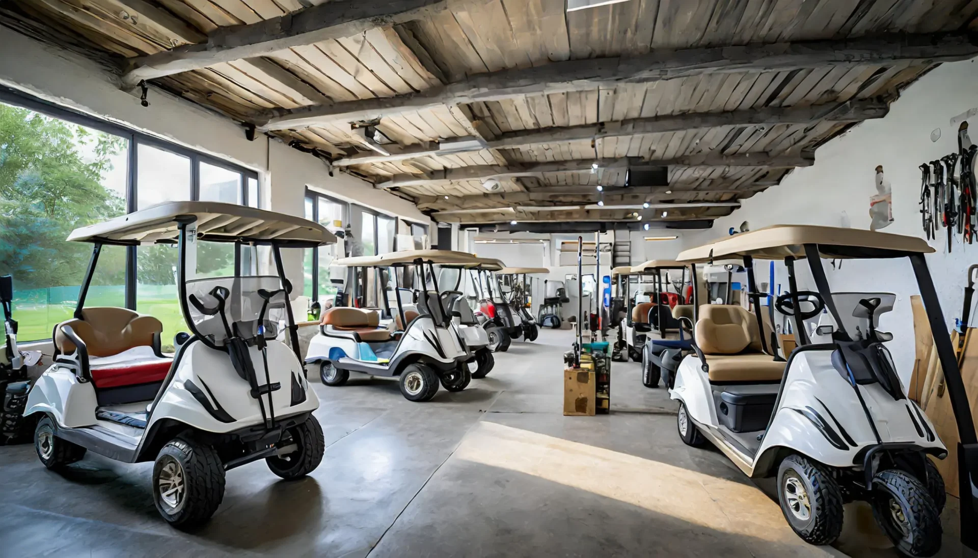 a golf cart store full of used golf carts