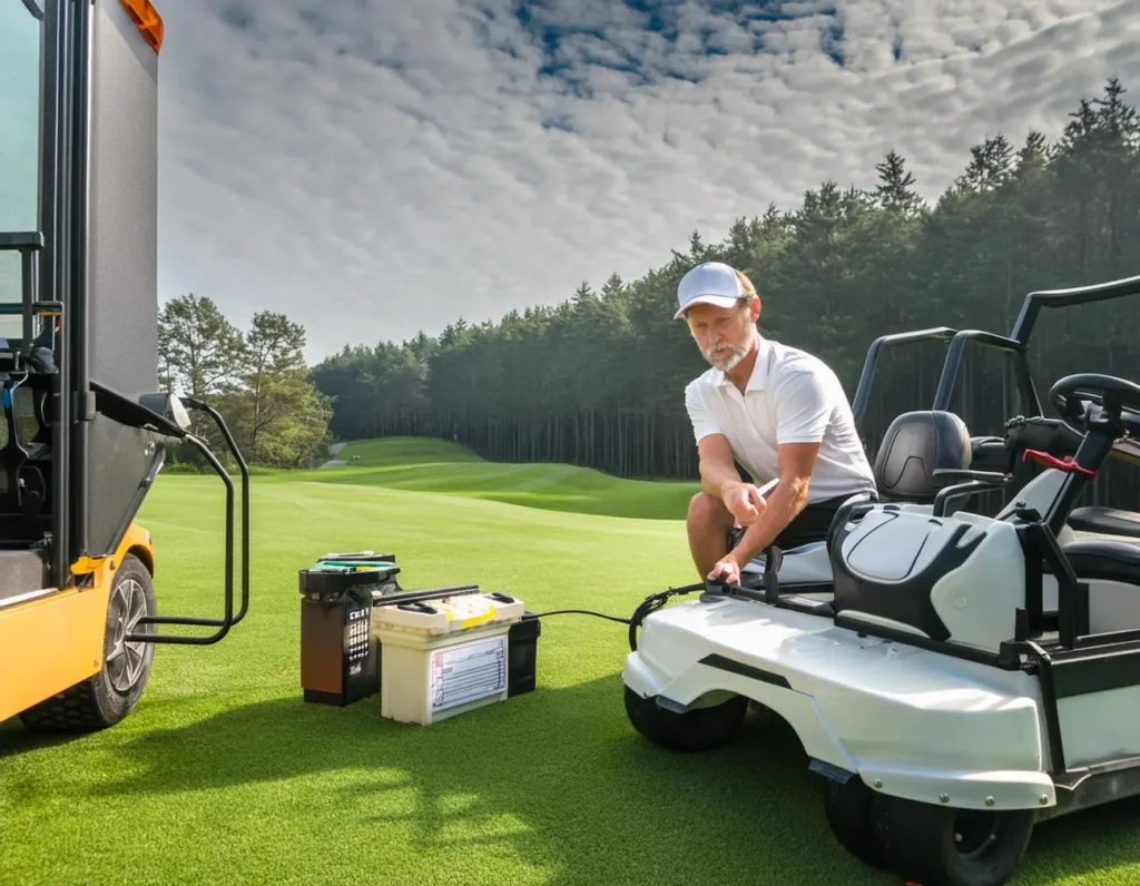 a man maintaining a golf cart battery