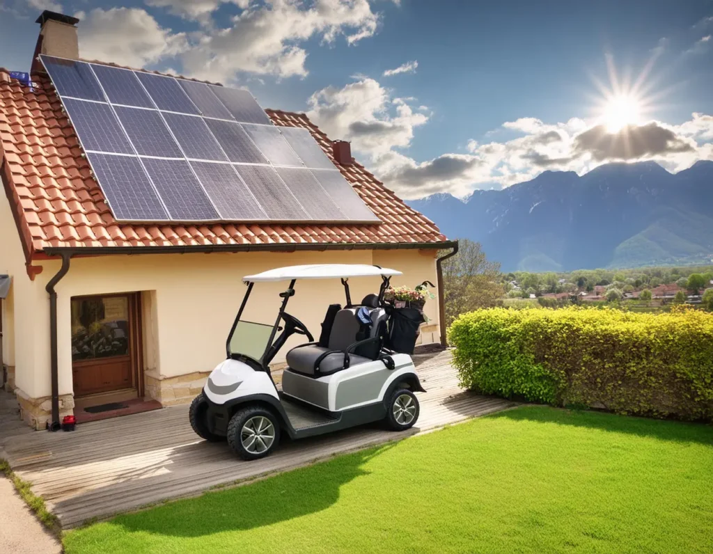 a golf cart charged by energy produced by solar panels