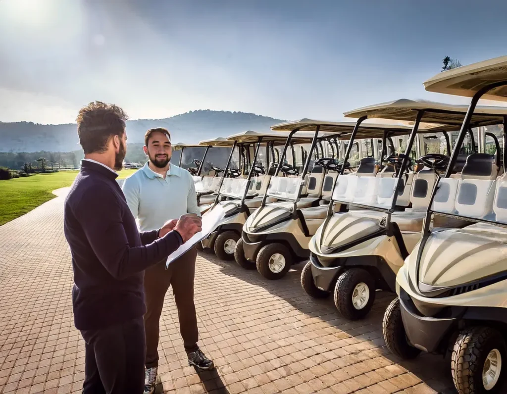 a staff member assisting a man in selecting a new golf cart